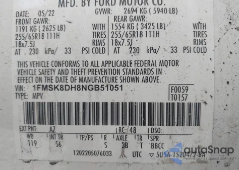 2022 Ford Explorer Xlt из США, поврежденный, VIN 1FMSK8DH8NGB51051